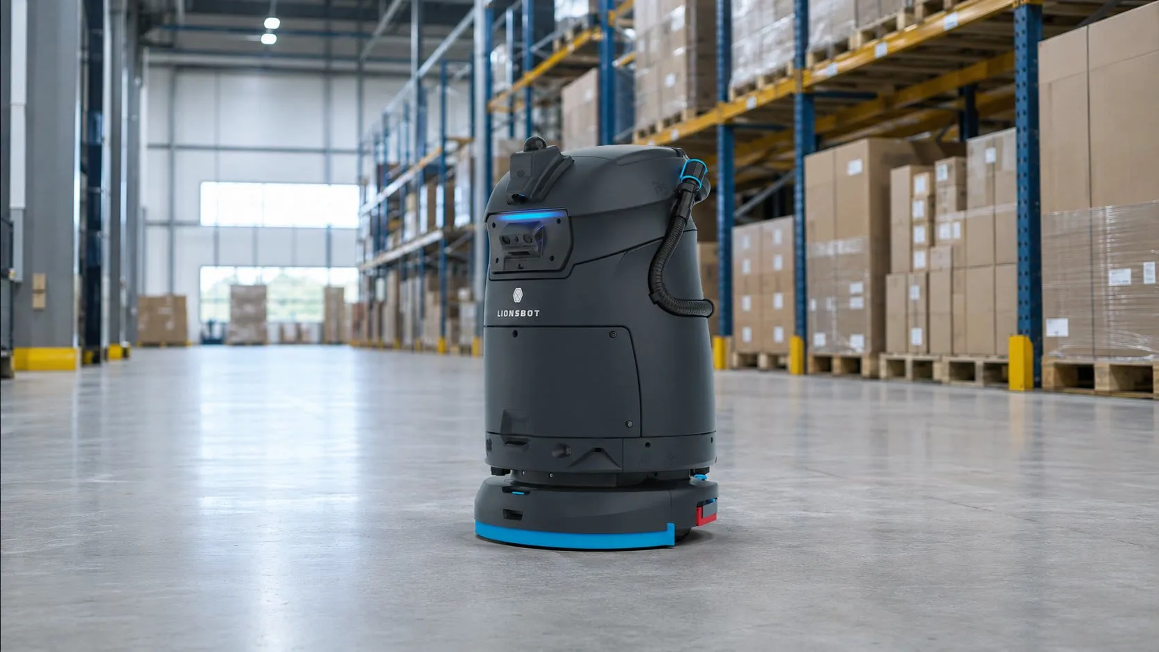 A LionsBot R5 autonomous floor scrubber working a warehouse aisle