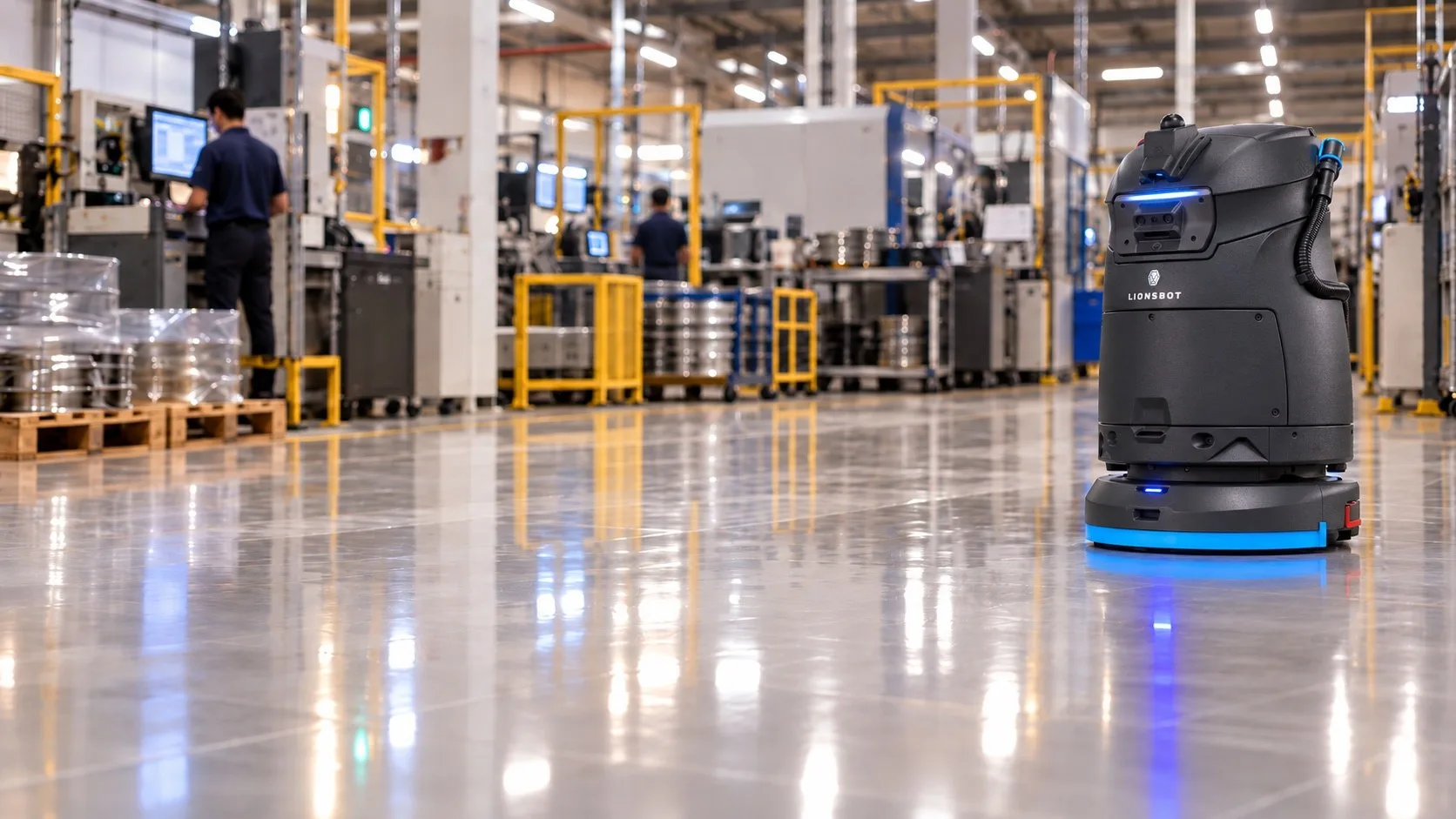A LionsBot R5 cleaning a production floor while machine operators work at their stations