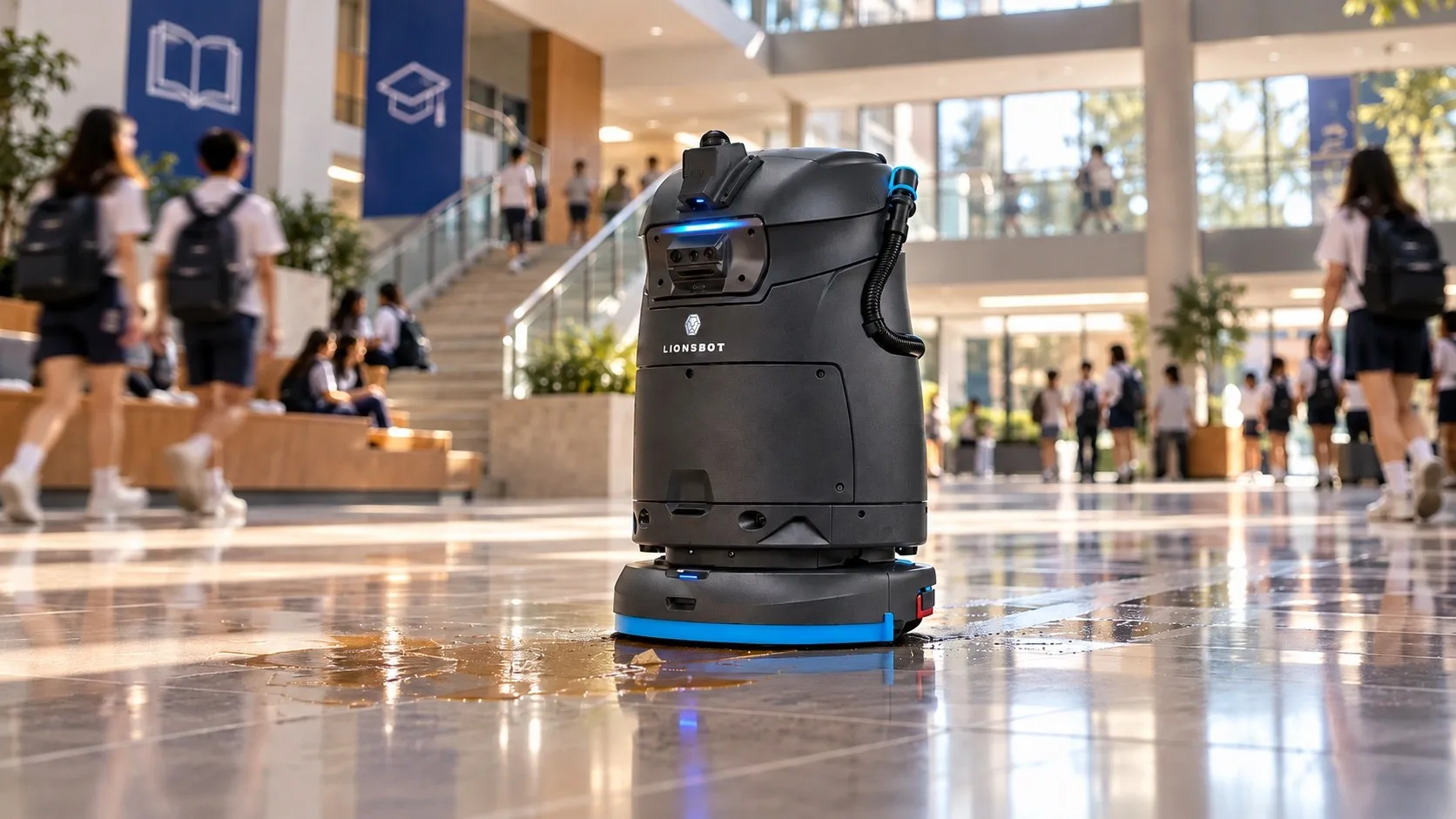 A LionsBot R5 cleaning the floor of a sunlit campus atrium while students walk past