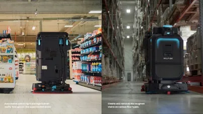 Two photographs side by side. Left, the SC25 cleaning a supermarket aisle, captioned "Easy manoeuvre in tight and high human traffic flow spaces, like supermarket aisles". Right, the SC25 in a warehouse racking aisle, captioned "Cleans and removes the toughest stains on various floor types."