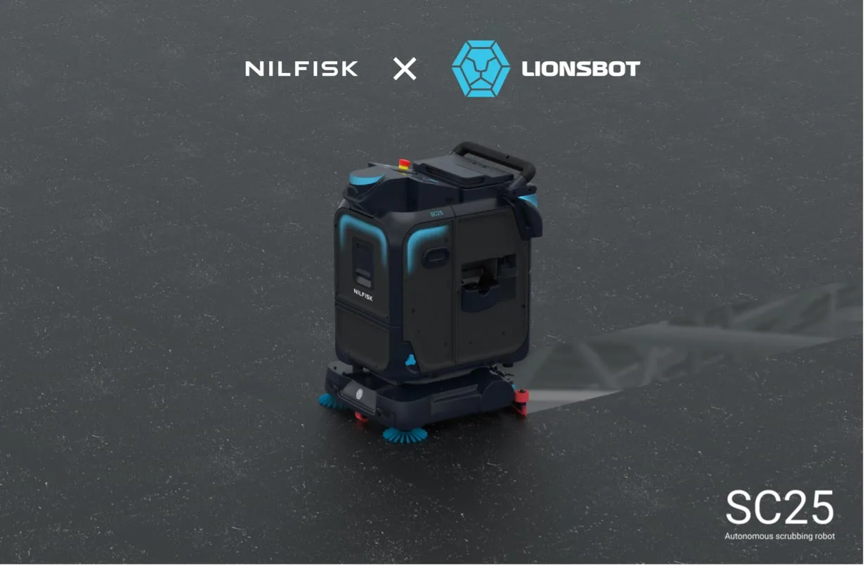 The SC25 autonomous scrubbing robot on a dark speckled floor, beneath the Nilfisk and LionsBot lockup