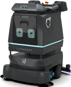 A LionsBot R3 Scrub Pro compact floor scrubber seen from the front and side, showing its display panel, handle and side brush