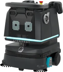 A LionsBot R3 Vac autonomous vacuum robot seen from the front and side, showing its display panel and brush housing