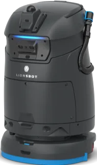 A LionsBot R5 autonomous floor scrubber seen from the front and side, showing its sensor bar, hose and scrubbing deck