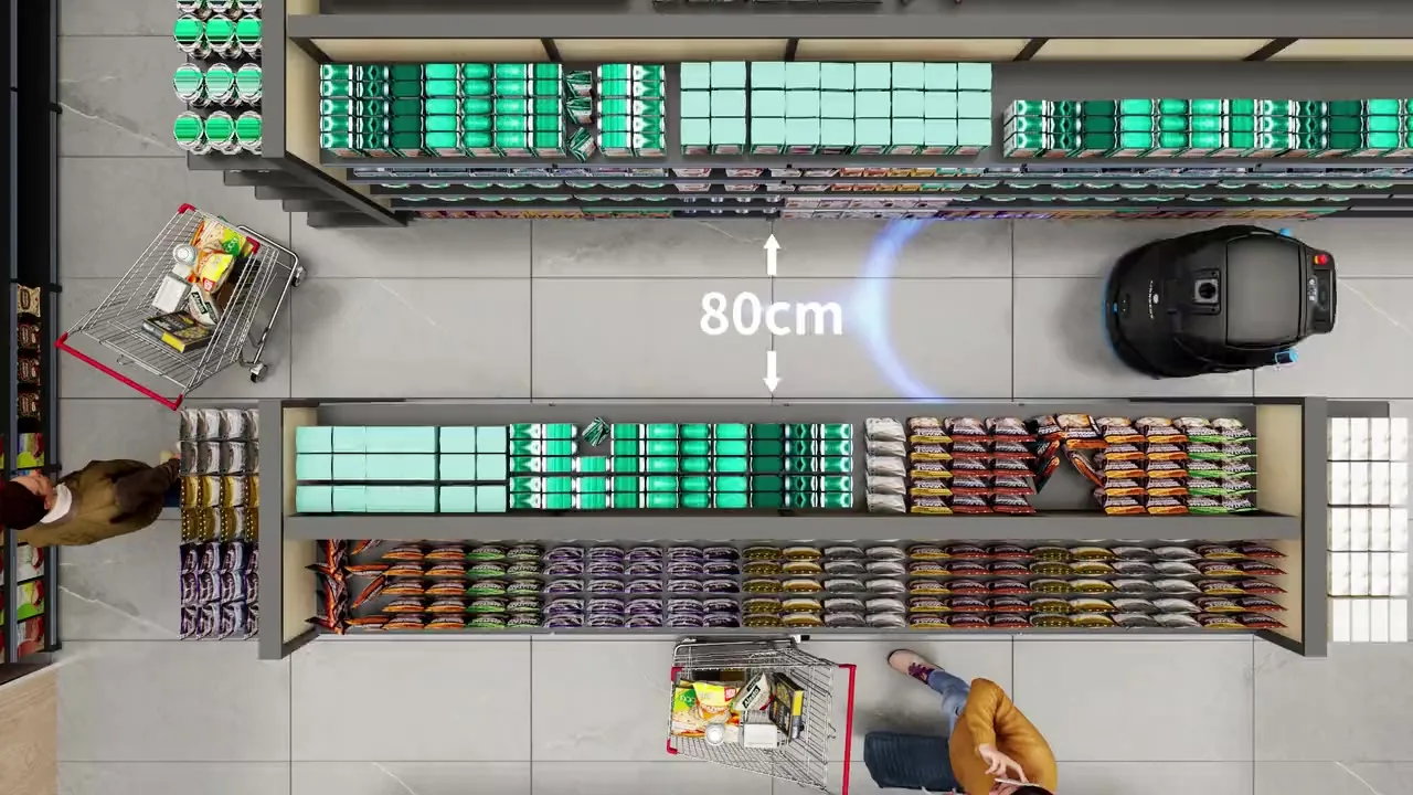 Top-down view of the LionsBot R5 turning through an 80 cm gap between supermarket shelves