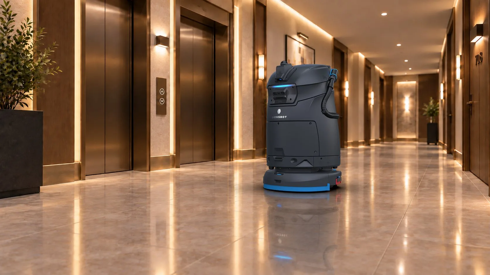 A LionsBot R5 cleaning robot running unattended along a hotel corridor