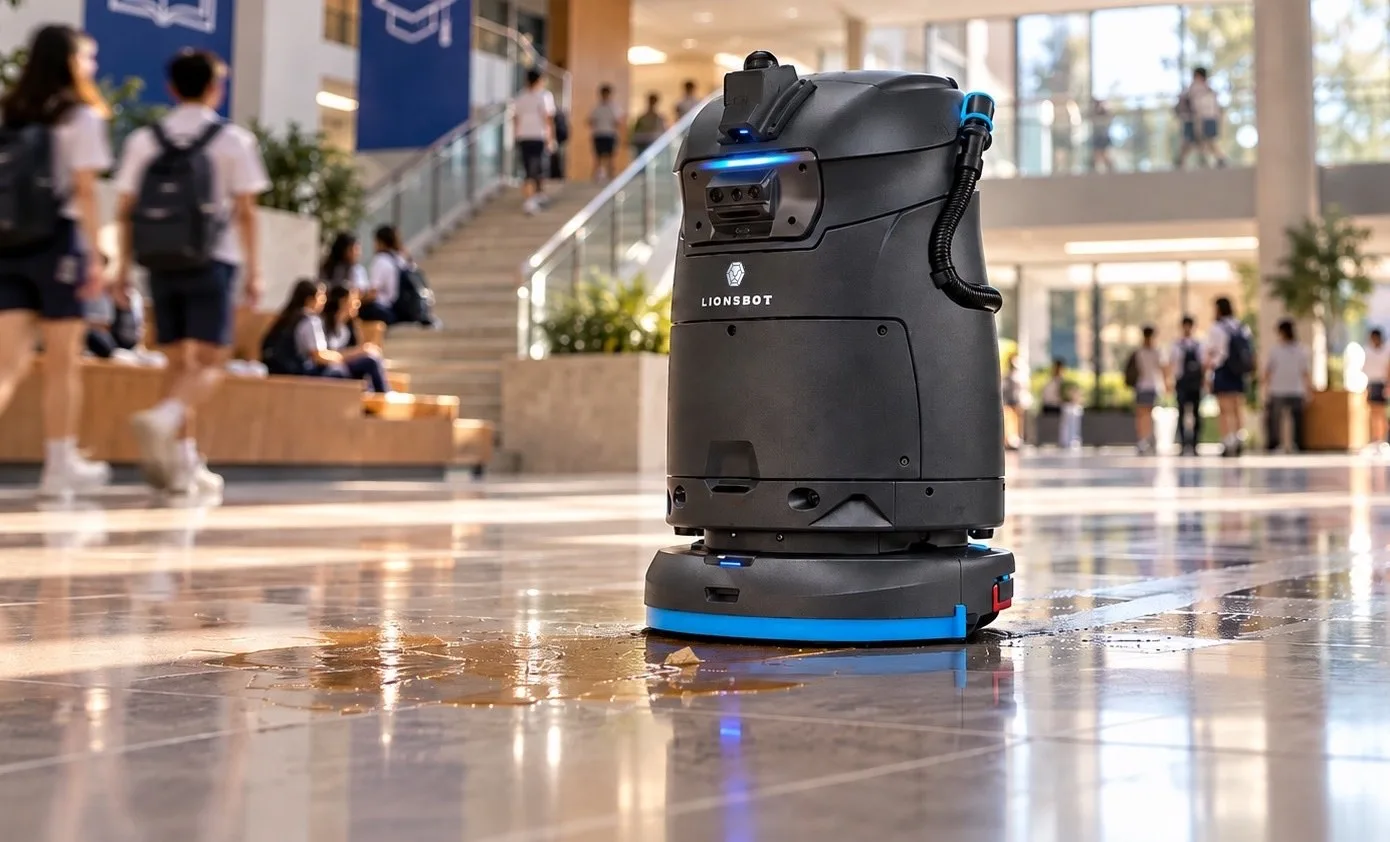 A LionsBot R5 cleaning the floor of a sunlit campus atrium while students walk past