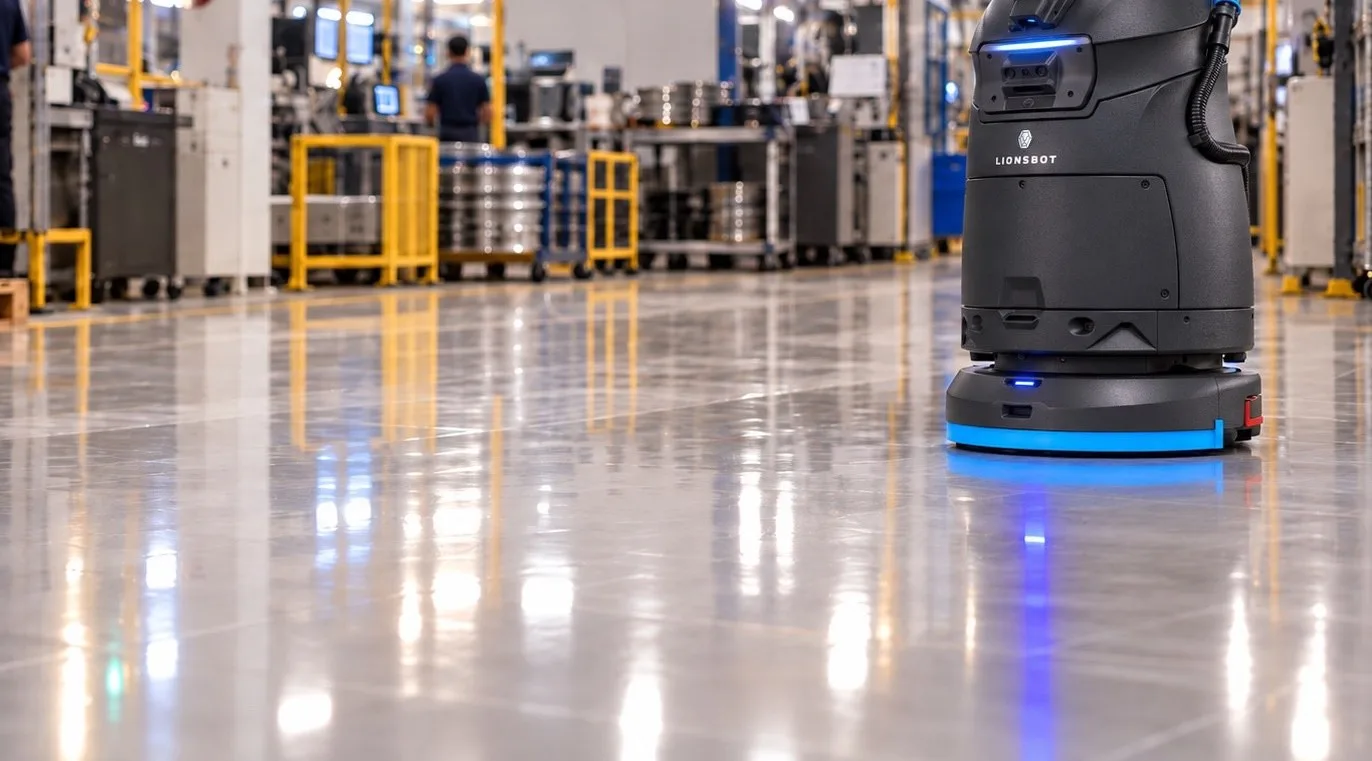 A LionsBot R5 cleaning a production floor while machine operators work at their stations