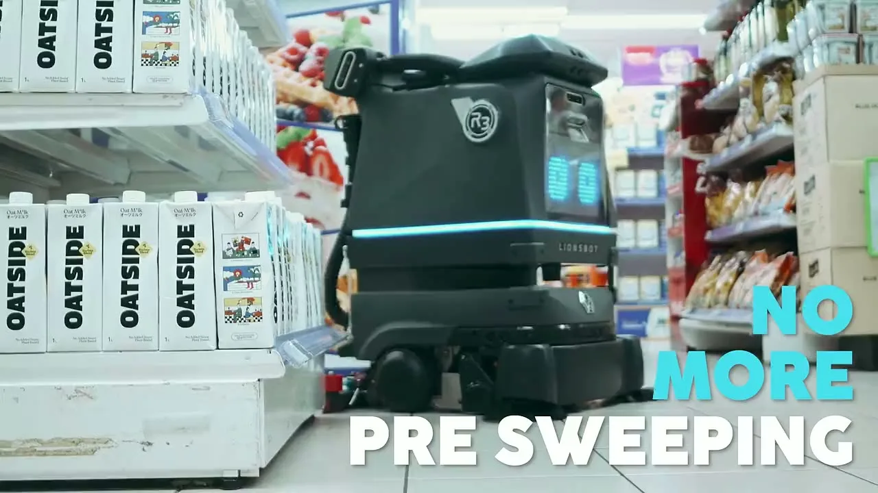 A LionsBot R3 Scrub Pro working a supermarket aisle, then its brush deck passing over scattered debris and leaving the floor dry behind it