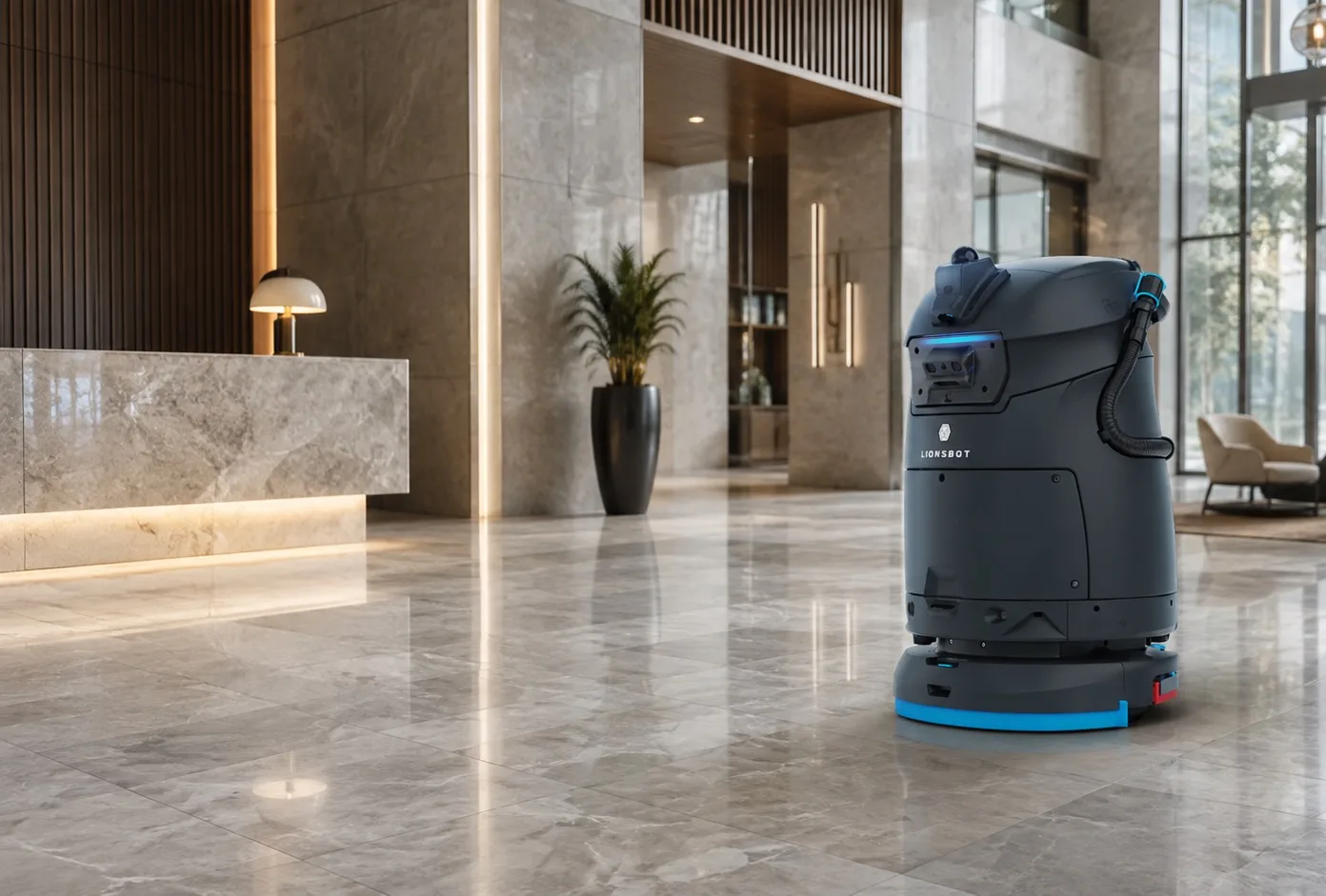 A LionsBot R3 Vac autonomous vacuum standing on the polished marble floor of an office lobby, beside the reception desk