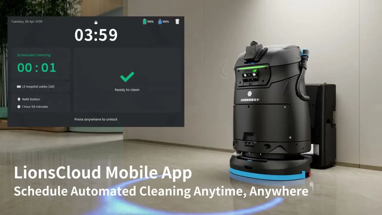 LionsCloud: a scheduled clean counting down on the robot, the fleet view, and the analytics report on a phone