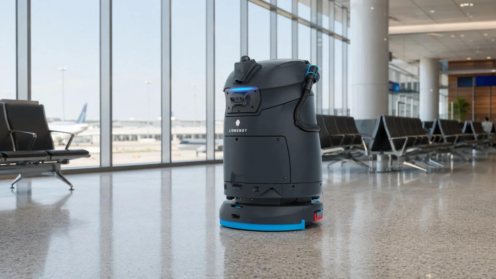 A LionsBot R5 autonomous floor scrubber cleaning the polished floor of an airport departure lounge, with seating rows and aircraft beyond the glass