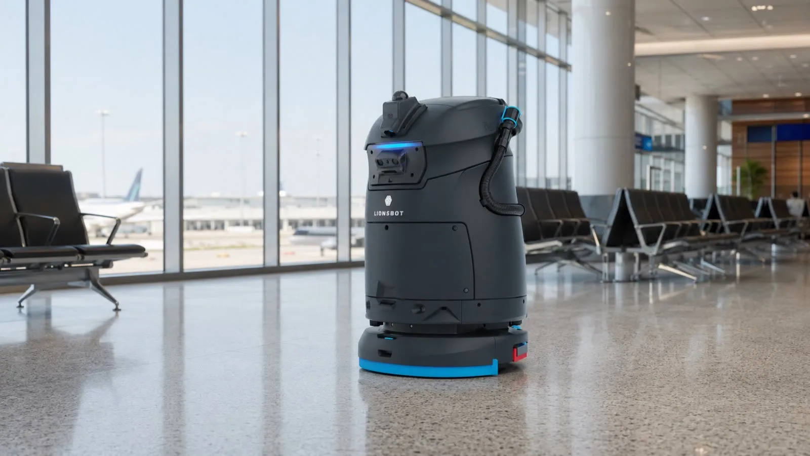 A LionsBot R5 autonomous floor scrubber cleaning the polished floor of an airport departure lounge, with seating rows and aircraft beyond the glass